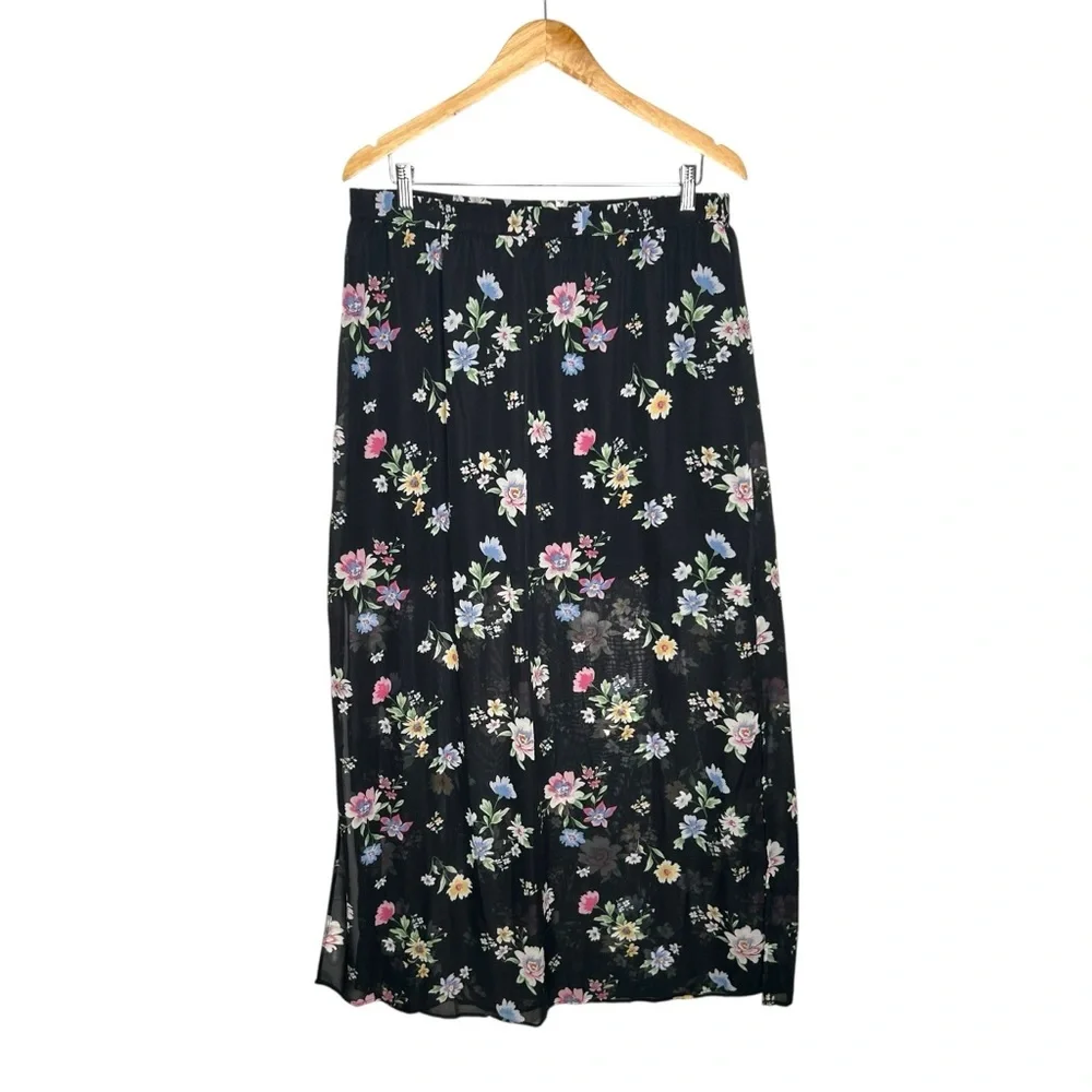 H&M Divided Sheer Floral Printed Maxi Slip Skirt Leg Slit Elastic Waist Large